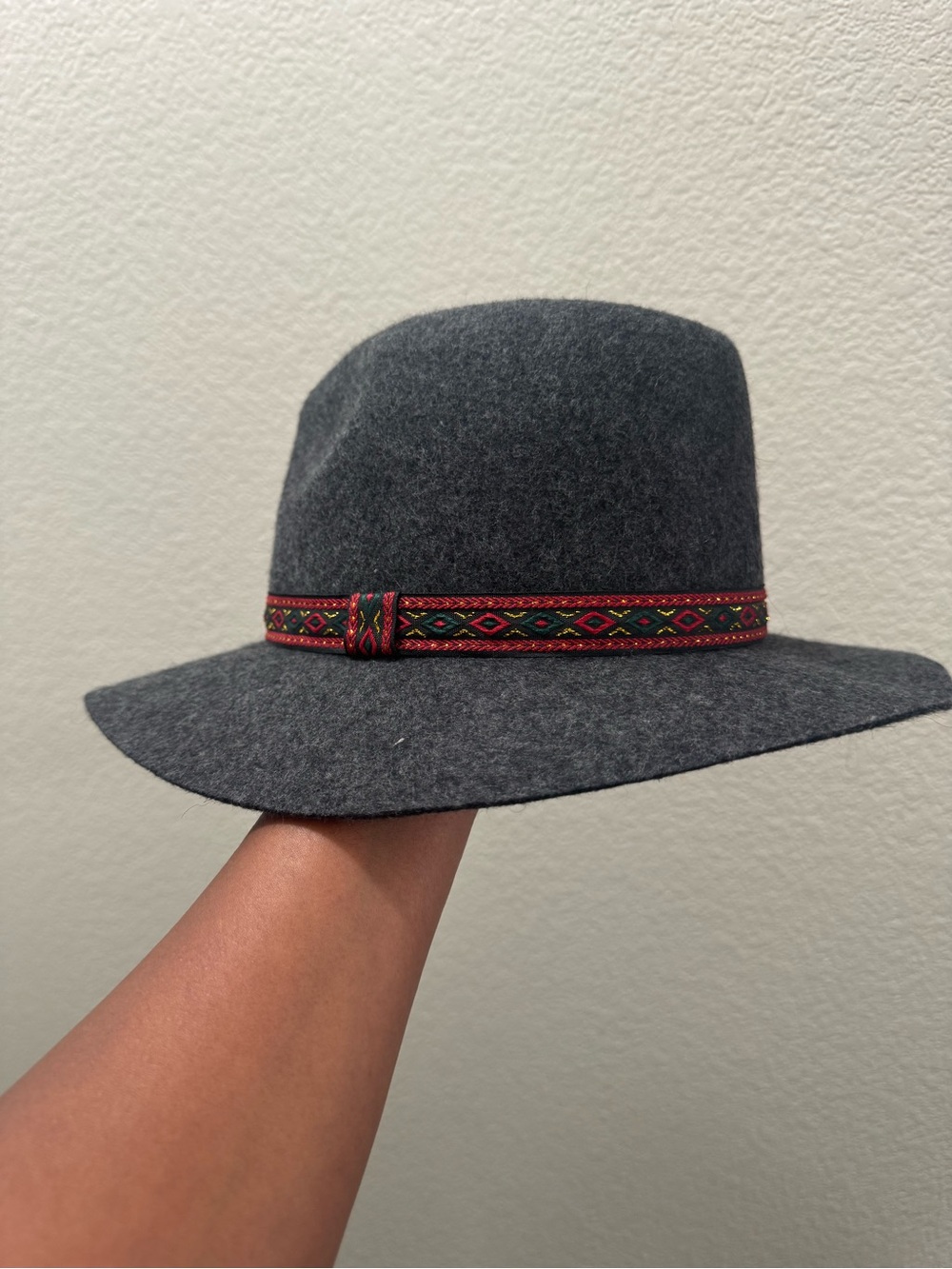 R&F Accessories 100% Wool Fedora Hat Boho Geometric Band Gray OS